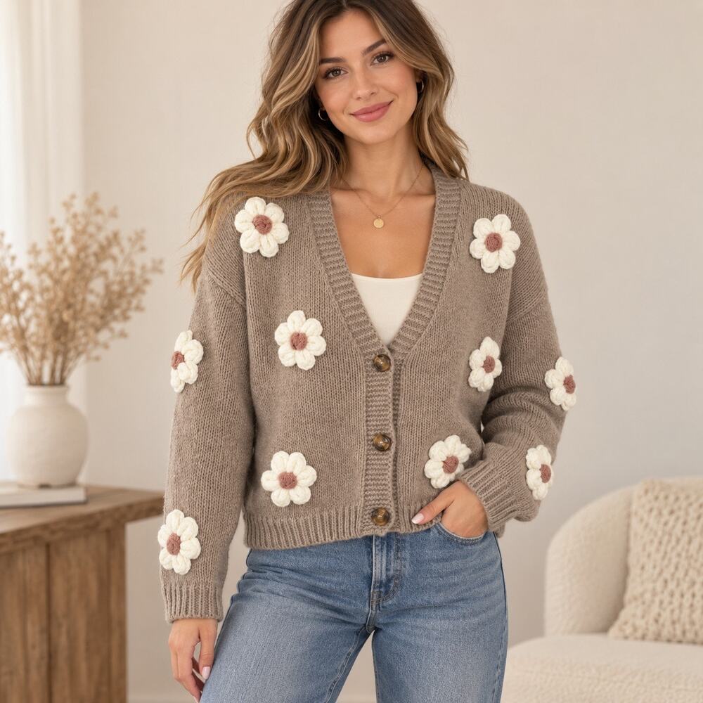 Bibi Taupe Earthy Knit Cardigan 3D Daisy Crochet Flower Oversized Small